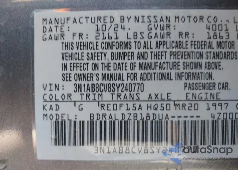 2025 Nissan Sentra Sv from USA, damaged, VIN 3N1AB8CV8SY240770